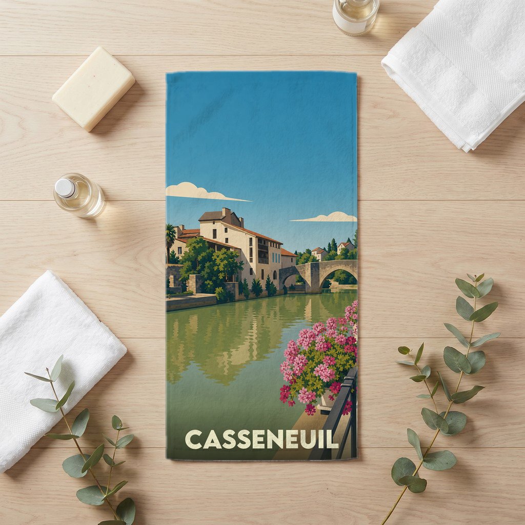 Serviette de bain souvenir de la ville de Casseneuil avec une illustration stylisée.