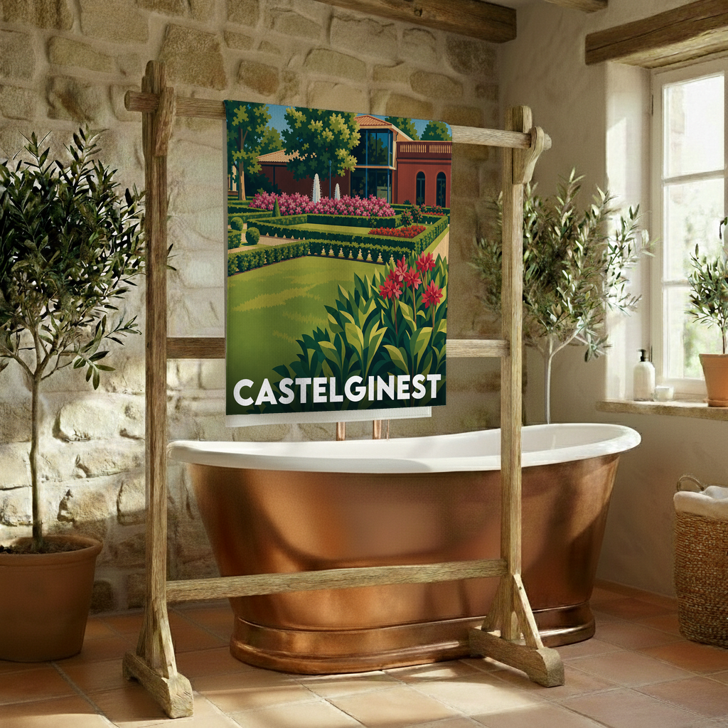 Serviette de bain souvenir de la ville de Castelginest ornée d'une illustration stylisée de ses jardins.