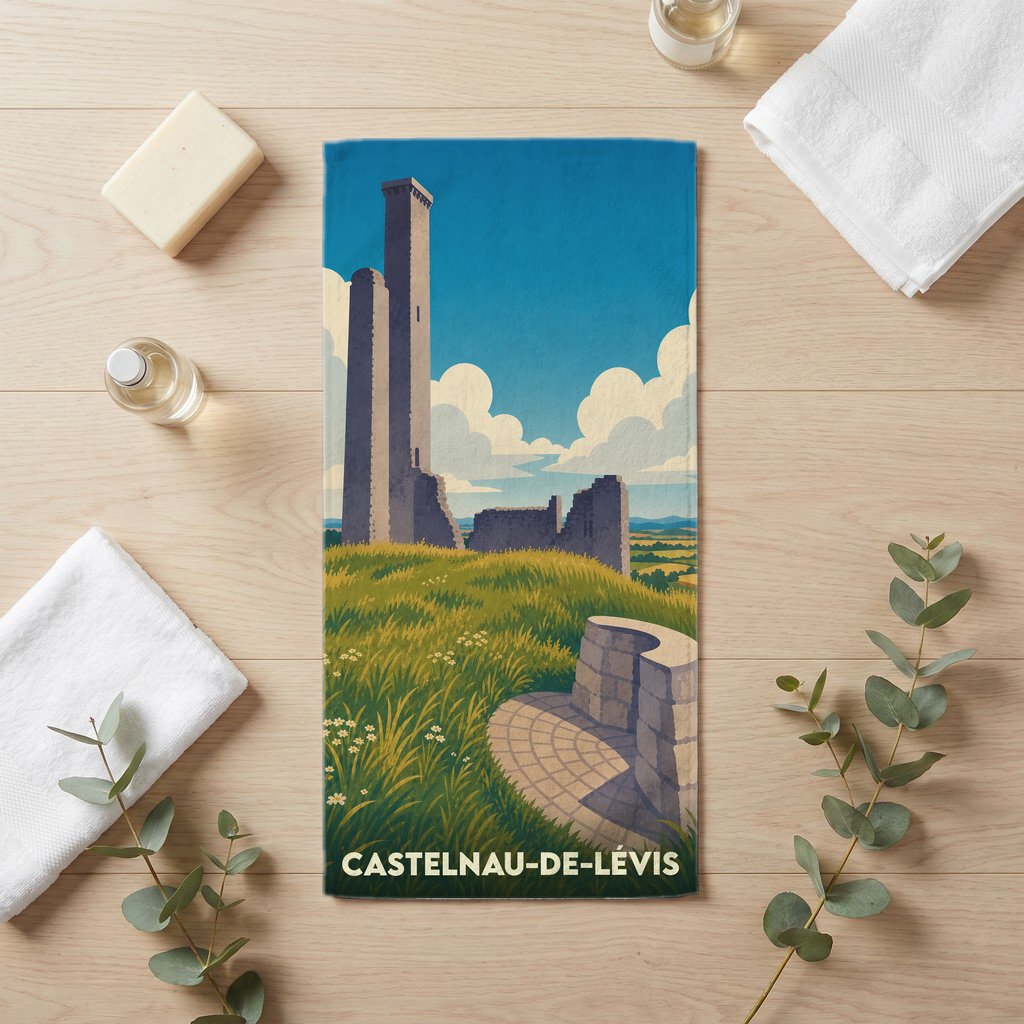 Serviette de bain souvenir de Castelnau-de-Lévis illustrée d'une vue stylisée de sa tour médiévale.