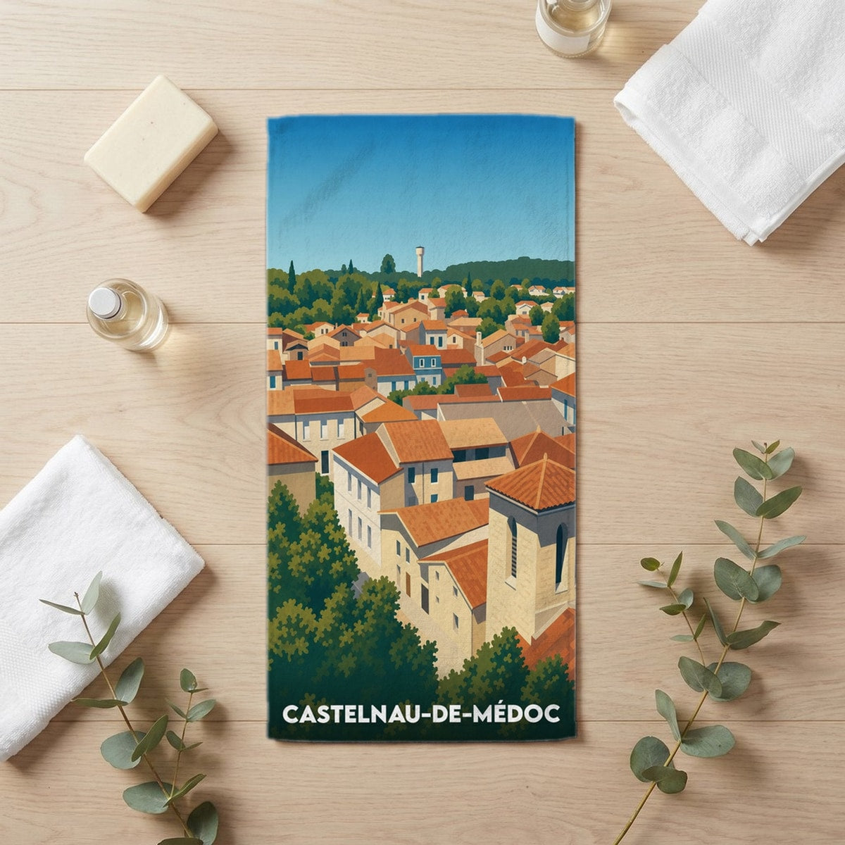Serviette de bain 30 cm x 60 cm souvenir de Castelnau-de-Médoc