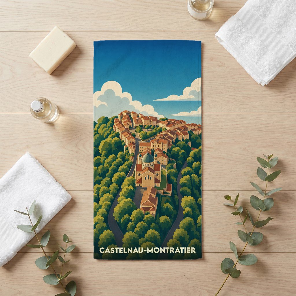 Serviette de bain souvenir de Castelnau-Montratier ornée d'une illustration stylisée du village et de son église.