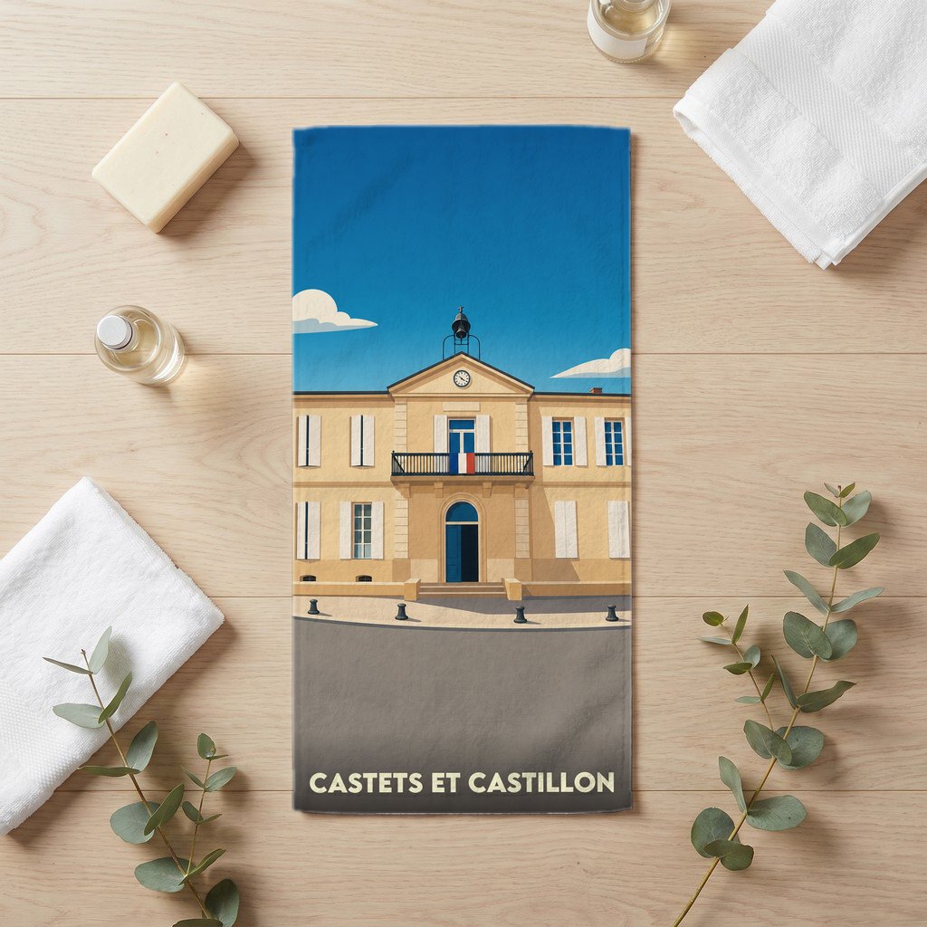 Serviette de bain souvenir de Castets et Castillon ornée d'une illustration stylisée de la mairie.