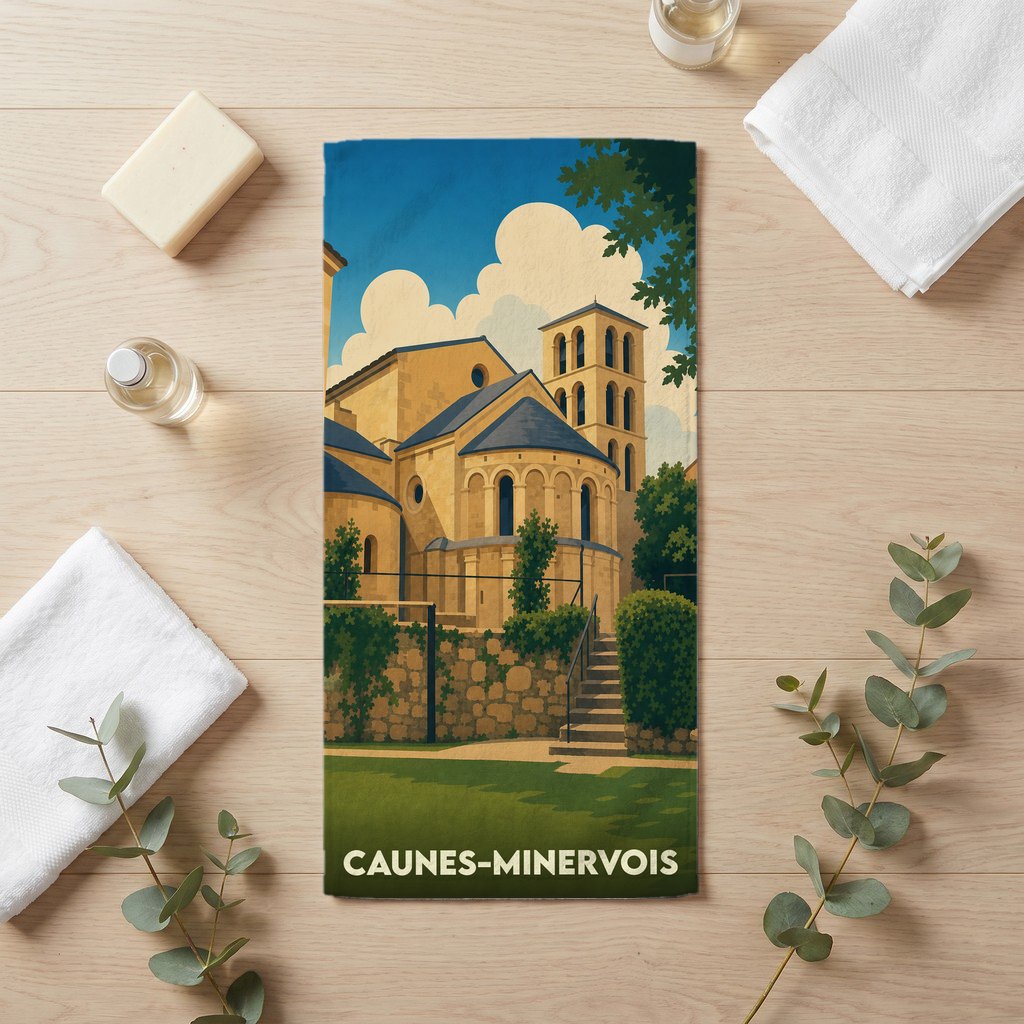 Serviette de bain souvenir de la ville de Caunes-Minervois avec une illustration stylisée de son abbaye.