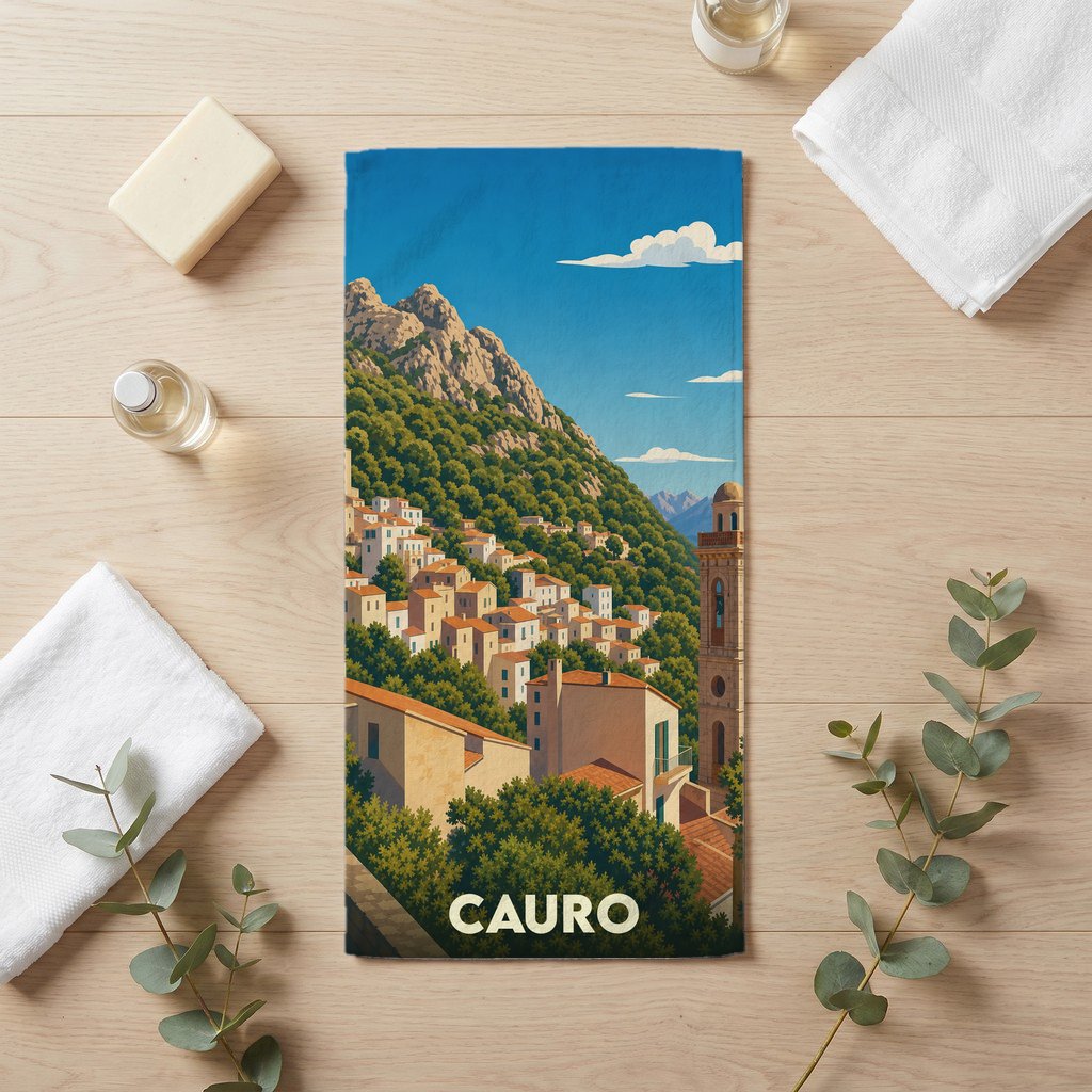 Serviette de bain souvenir de la ville de Cauro avec une illustration stylisée d'un village corse en montagne.