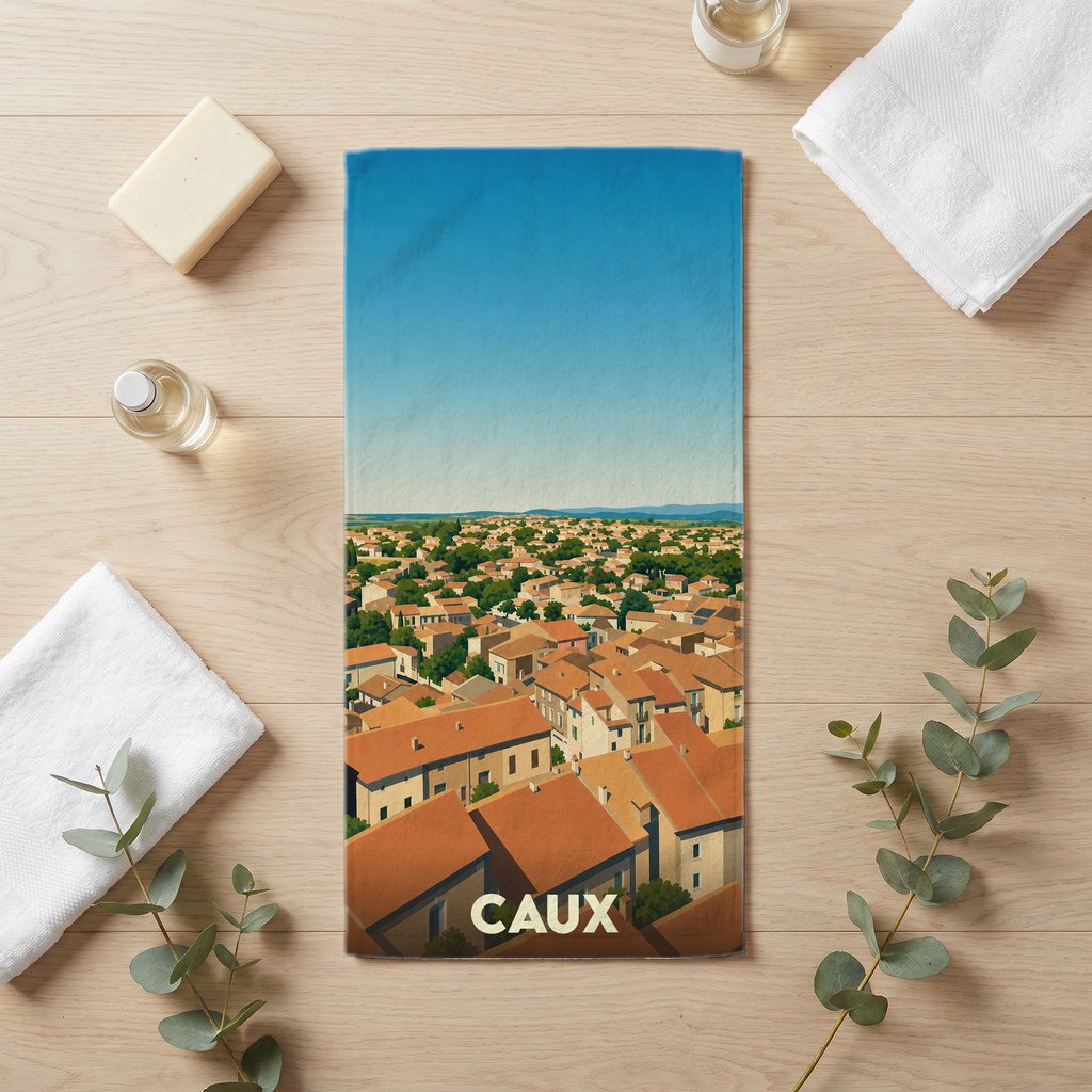 Serviette de bain souvenir de la ville de Caux avec une illustration stylisée des toits du village.
