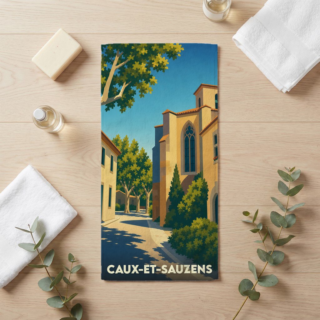 Serviette de bain souvenir de la ville de Caux-et-Sauzens avec une illustration stylisée d'une ruelle ensoleillée.