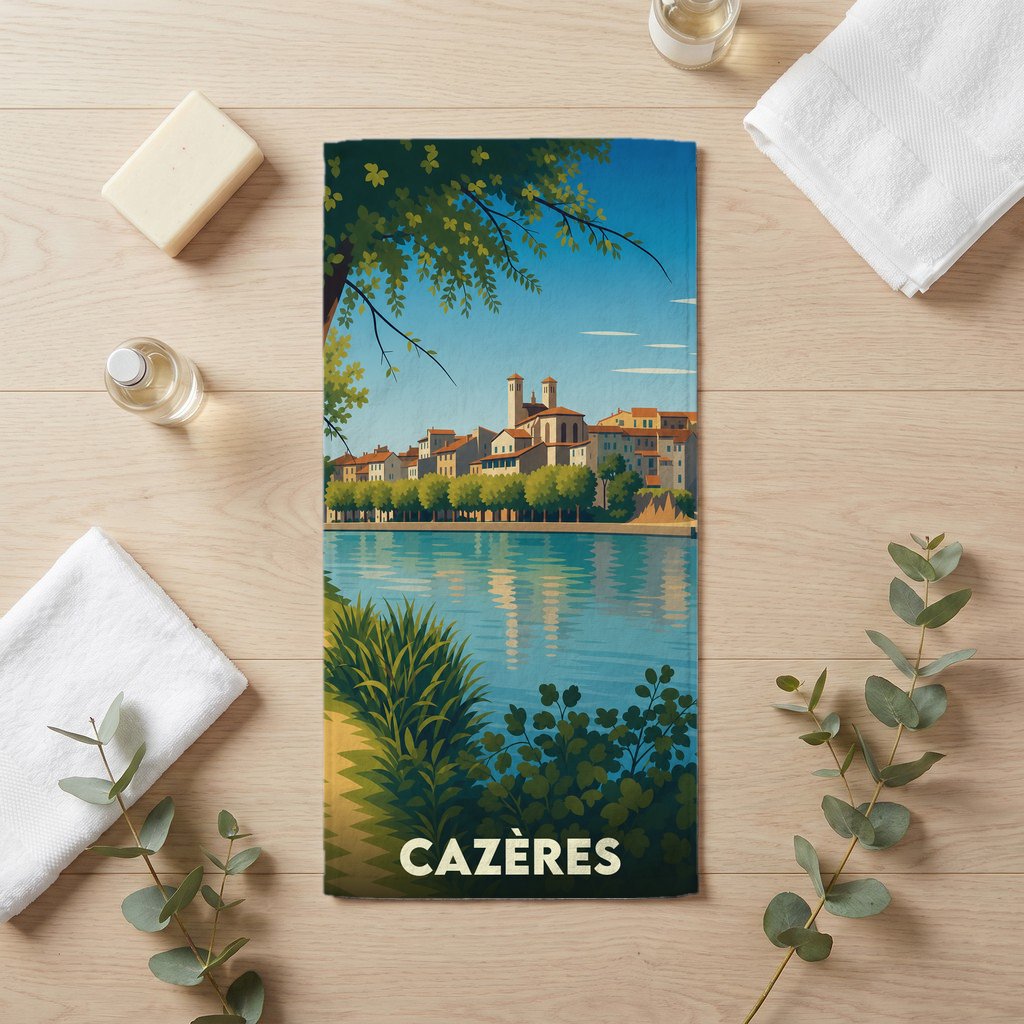 Serviette de bain souvenir de la ville de Cazères avec une illustration stylisée d'un paysage fluvial.