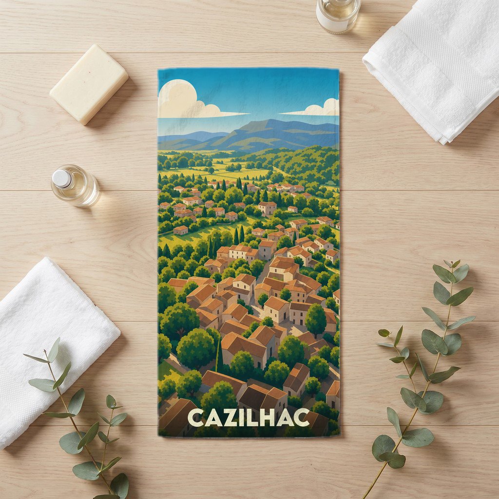 Serviette de bain souvenir de la ville de Cazilhac avec une illustration stylisée d'un paysage de village occitan.