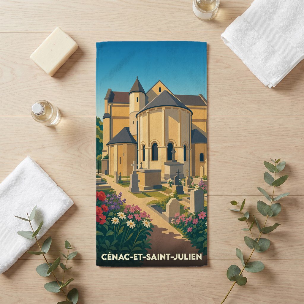 Serviette de bain souvenir de Cénac-et-Saint-Julien avec une illustration stylisée de son église et de son cimetière fleuri.