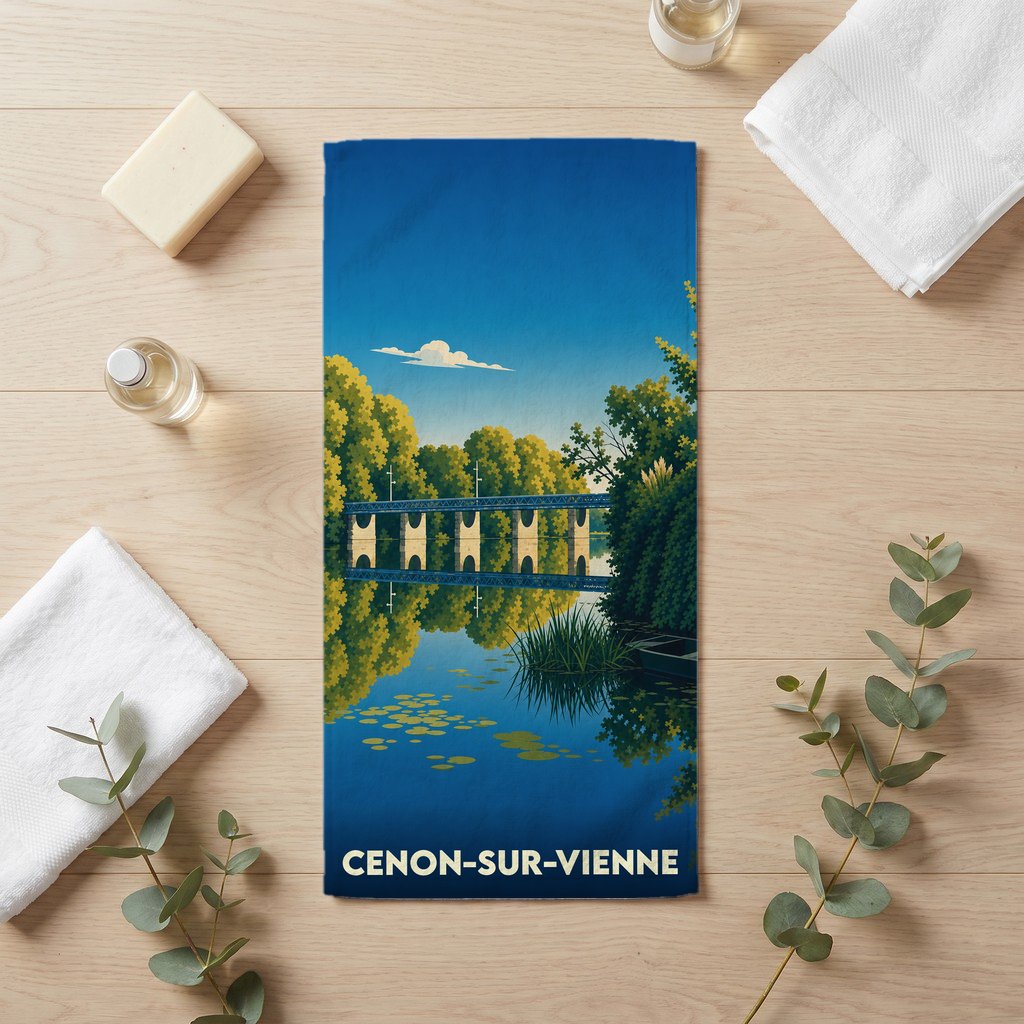 Serviette de bain souvenir de la ville de Cenon-sur-Vienne avec une illustration stylisée de son pont.