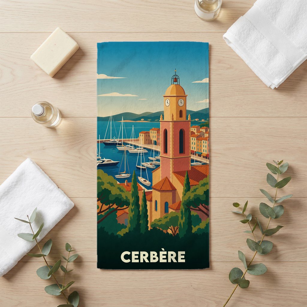 Serviette de bain souvenir de la ville de Cerbère illustrée par un paysage stylisé du port et de son clocher.
