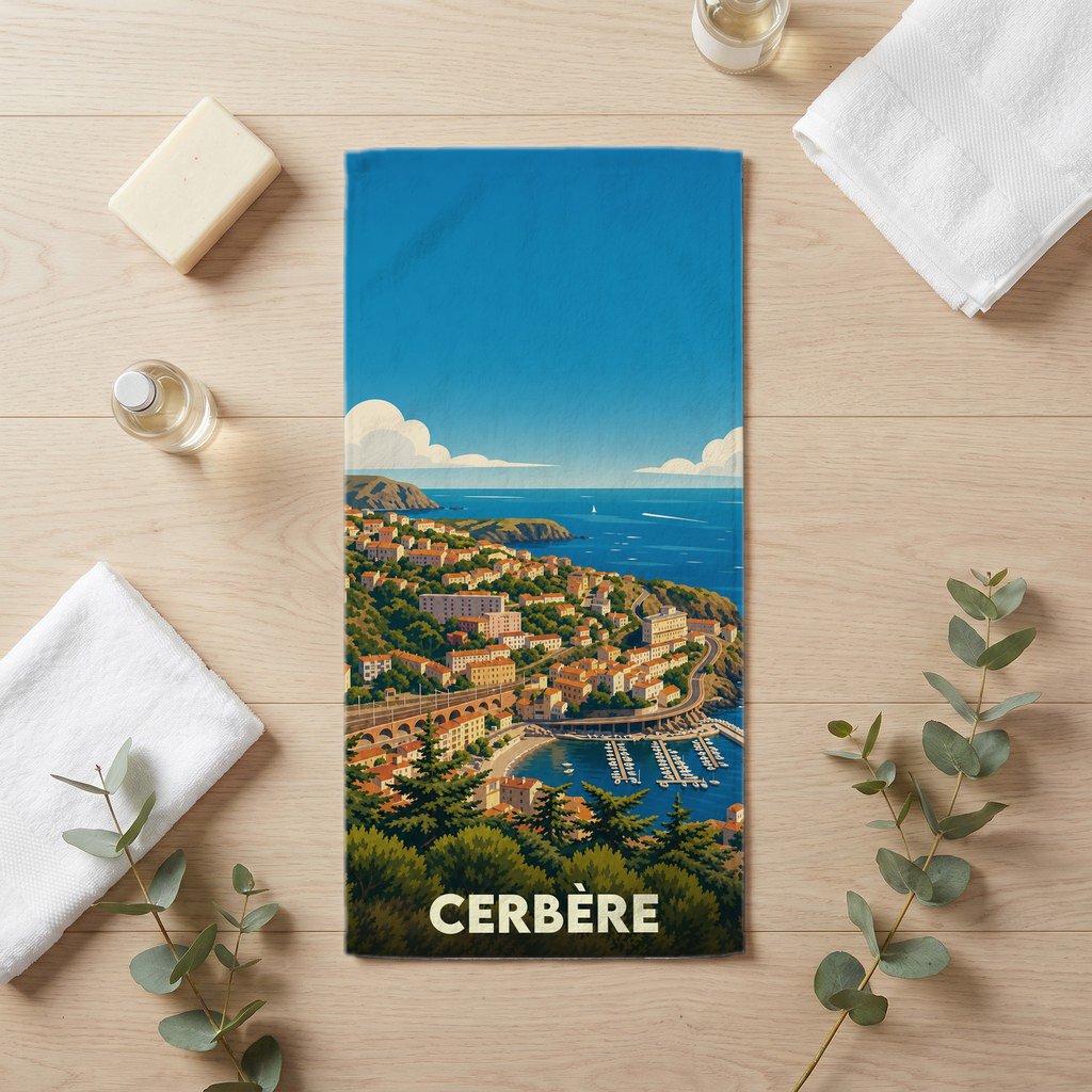 Serviette de bain souvenir de la ville de Cerbère avec une illustration stylisée.