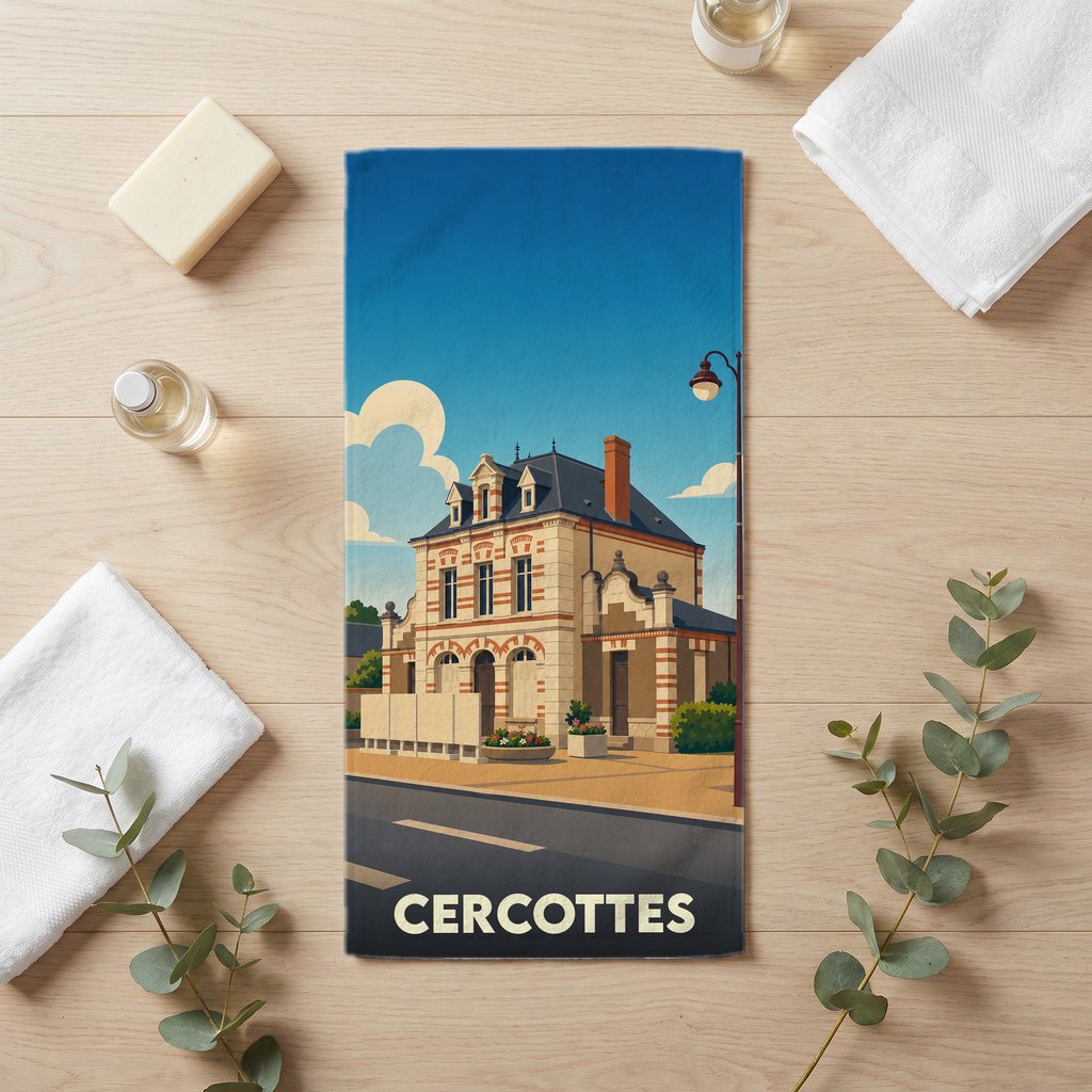 Serviette de bain souvenir de la ville de Cercottes illustrée d'un dessin stylisé de sa gare.