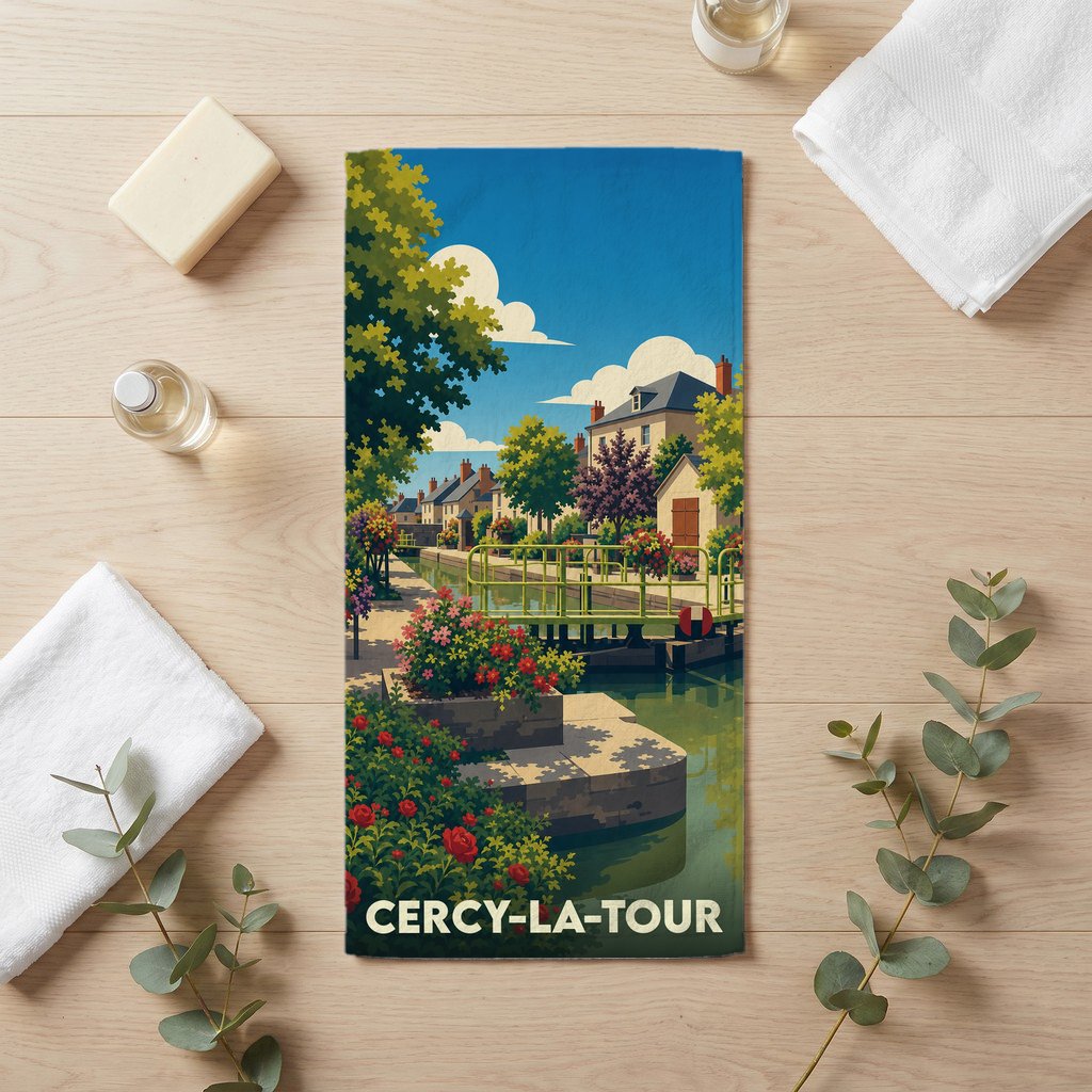 Serviette de bain souvenir de la ville de Cercy-la-Tour avec une illustration stylisée de son canal fleuri.