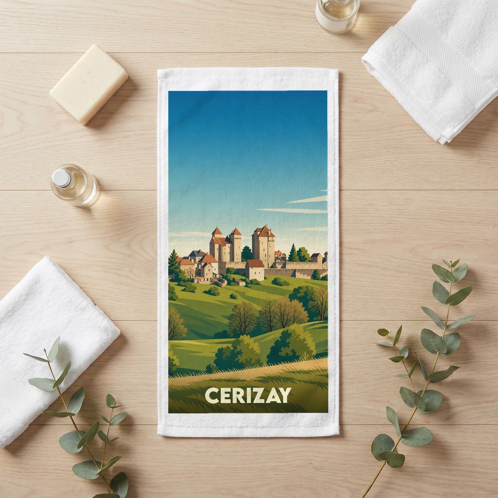 Serviette de bain souvenir de la ville de Cerizay avec une illustration stylisée de son paysage et de ses châteaux.