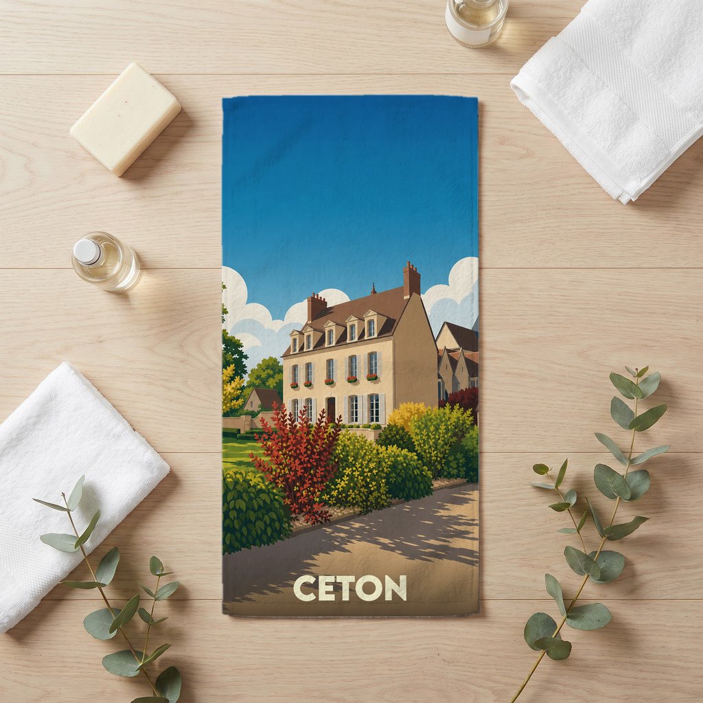 Serviette de bain souvenir de la ville de Ceton avec une illustration stylisée.