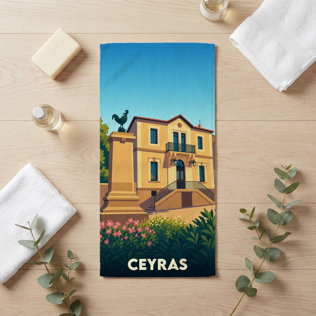 Serviette de bain souvenir de la ville de Ceyras avec une illustration stylisée.