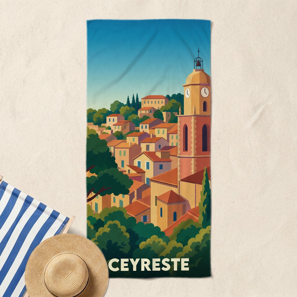 Serviette de bain souvenir de la ville de Ceyreste avec une illustration stylisée d'un village provençal.