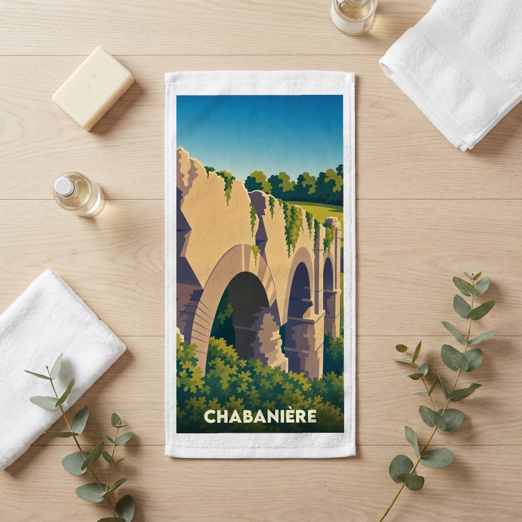 Serviette de bain souvenir de la ville de Chabanière avec une illustration stylisée d'un aqueduc.