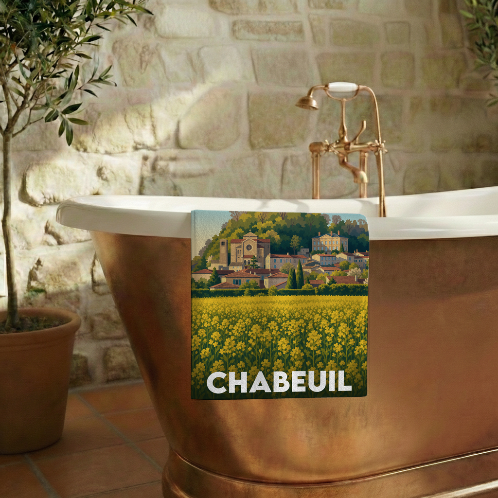 Serviette de bain souvenir de la ville de Chabeuil avec une illustration stylisée.