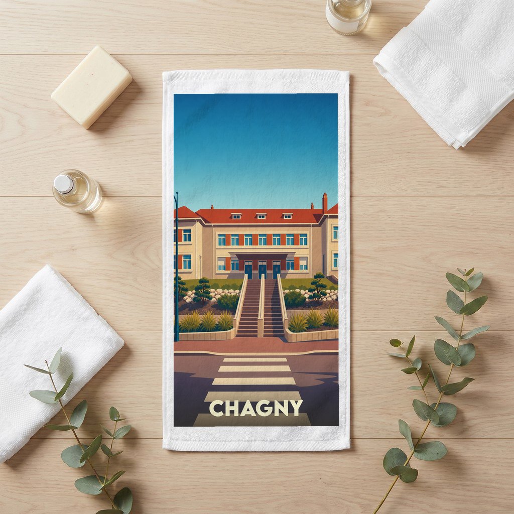 Serviette de bain souvenir de la ville de Chagny avec une illustration stylisée.