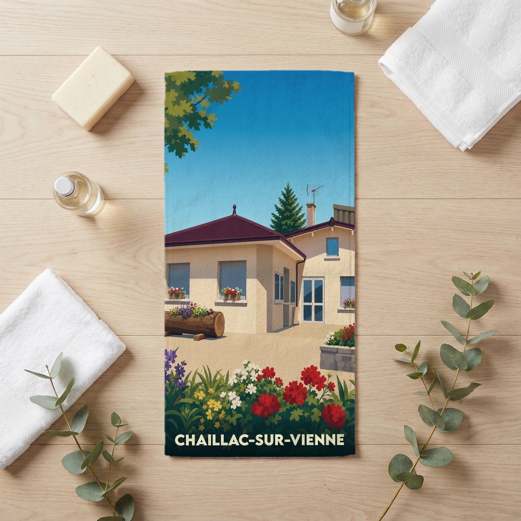 Serviette de bain souvenir de Chaillac-sur-Vienne avec une illustration stylisée d'une maison fleurie.