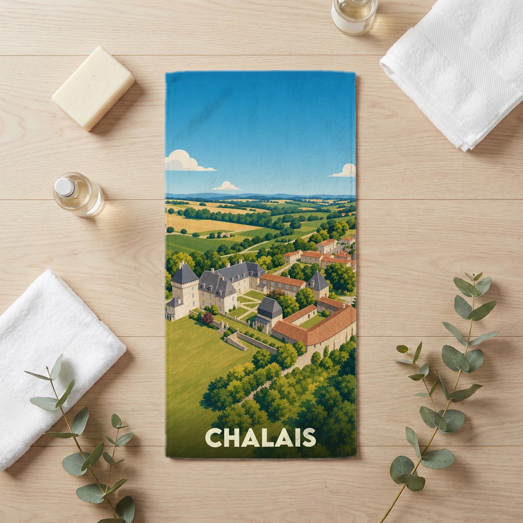Serviette de bain souvenir de la ville de Chalais avec une illustration stylisée de son château et du paysage environnant.
