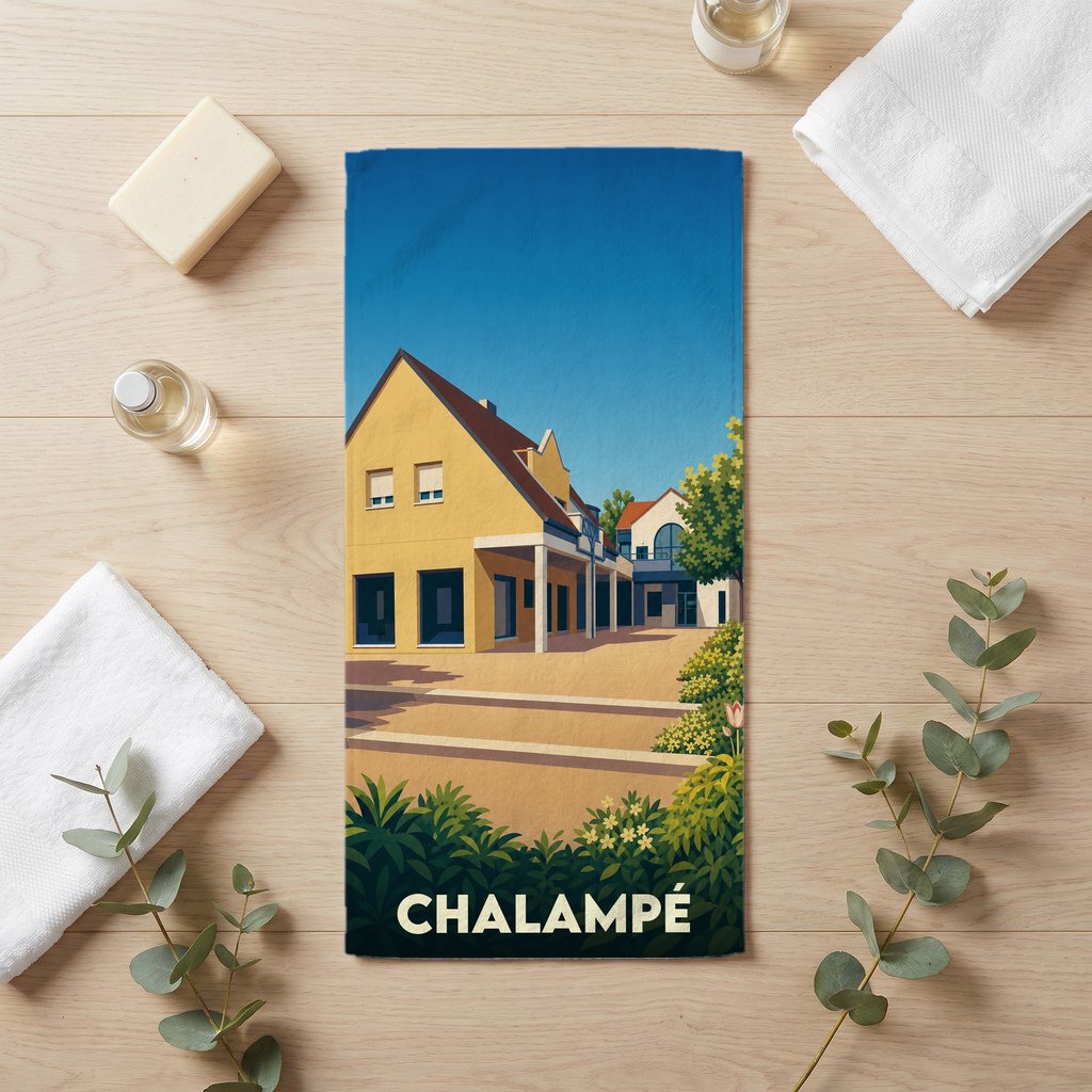 Serviette de bain souvenir de la ville de Chalampé avec une illustration stylisée d'une place ensoleillée.