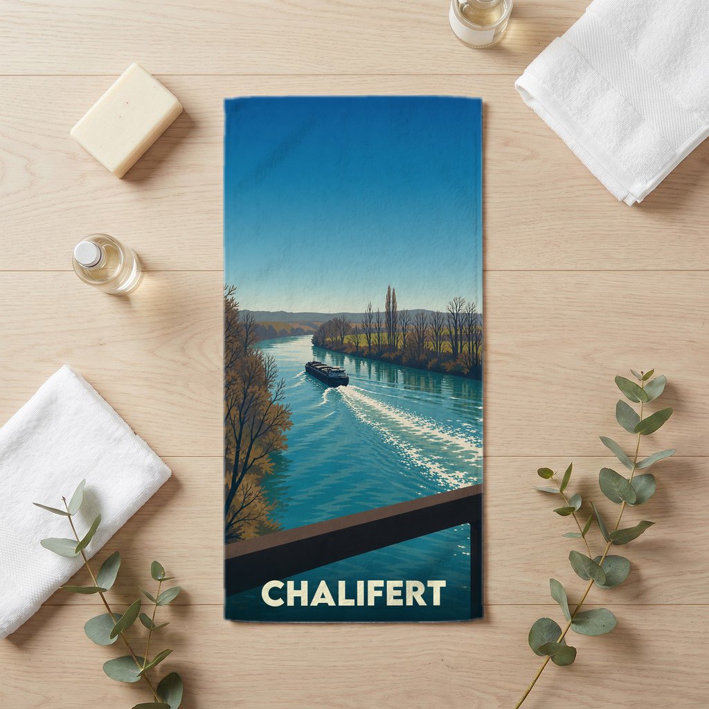 Serviette de bain souvenir de la ville de Chalifert illustrée par un bateau naviguant sur un canal.