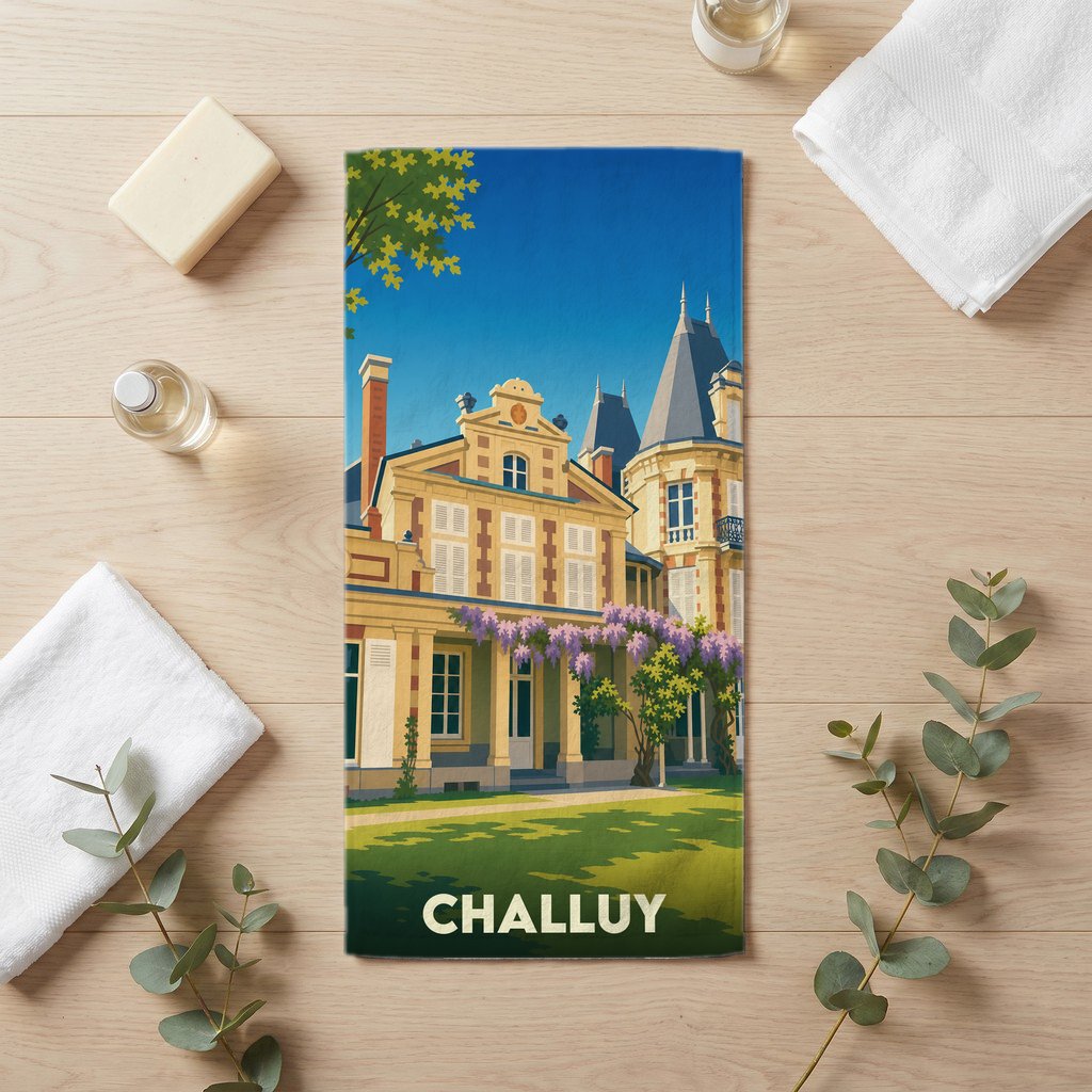 Serviette de bain souvenir de la ville de Challuy avec une illustration stylisée d'un manoir.