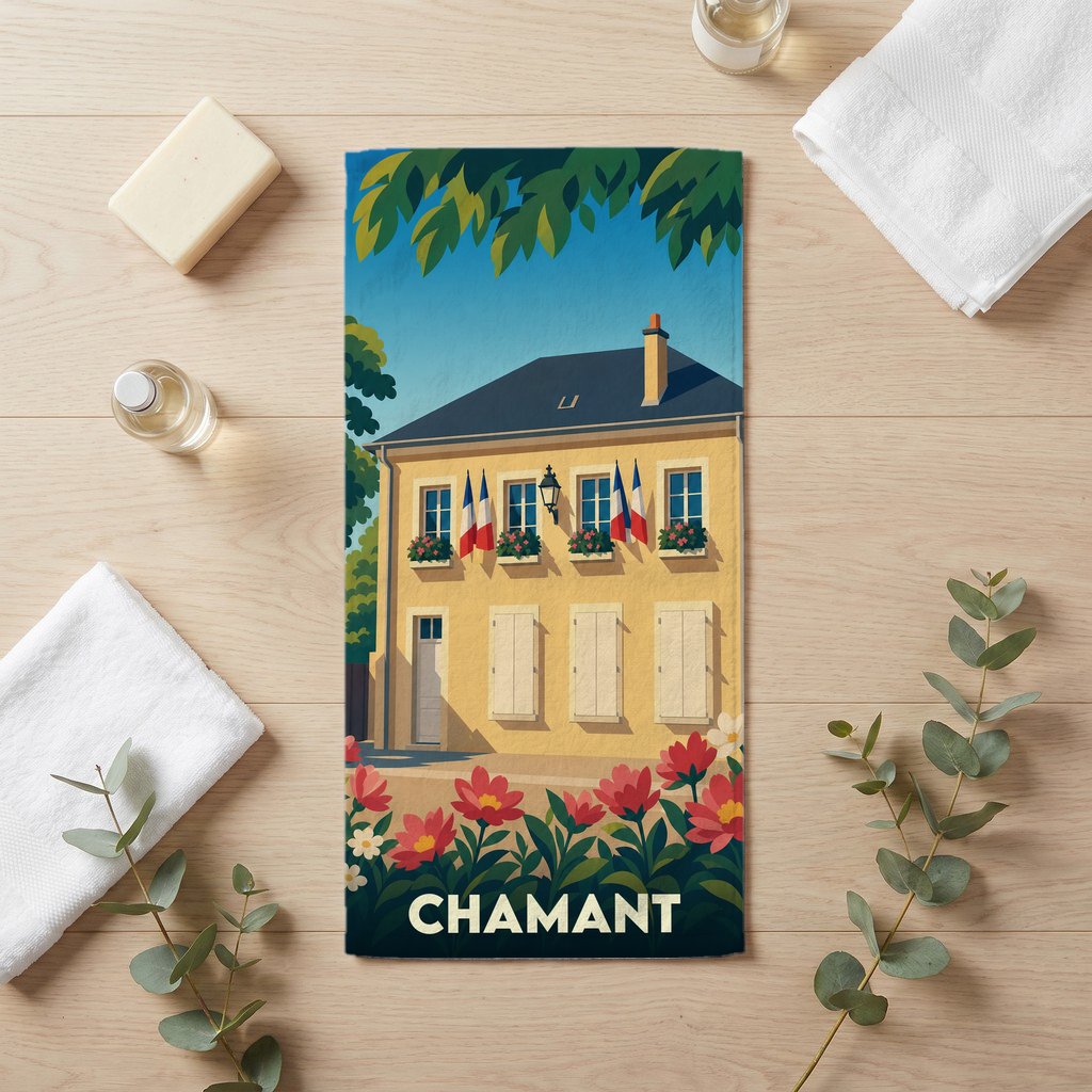 Serviette de bain souvenir de la ville de Chamant avec une illustration stylisée d'un bâtiment fleuri.
