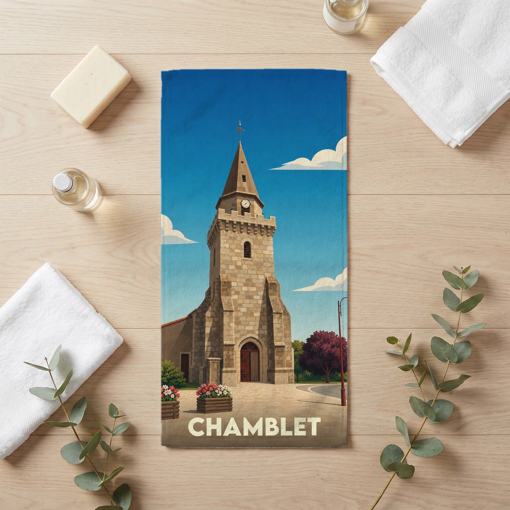 Serviette de bain souvenir de la ville de Chamblet avec une illustration stylisée d'une église de pierre.