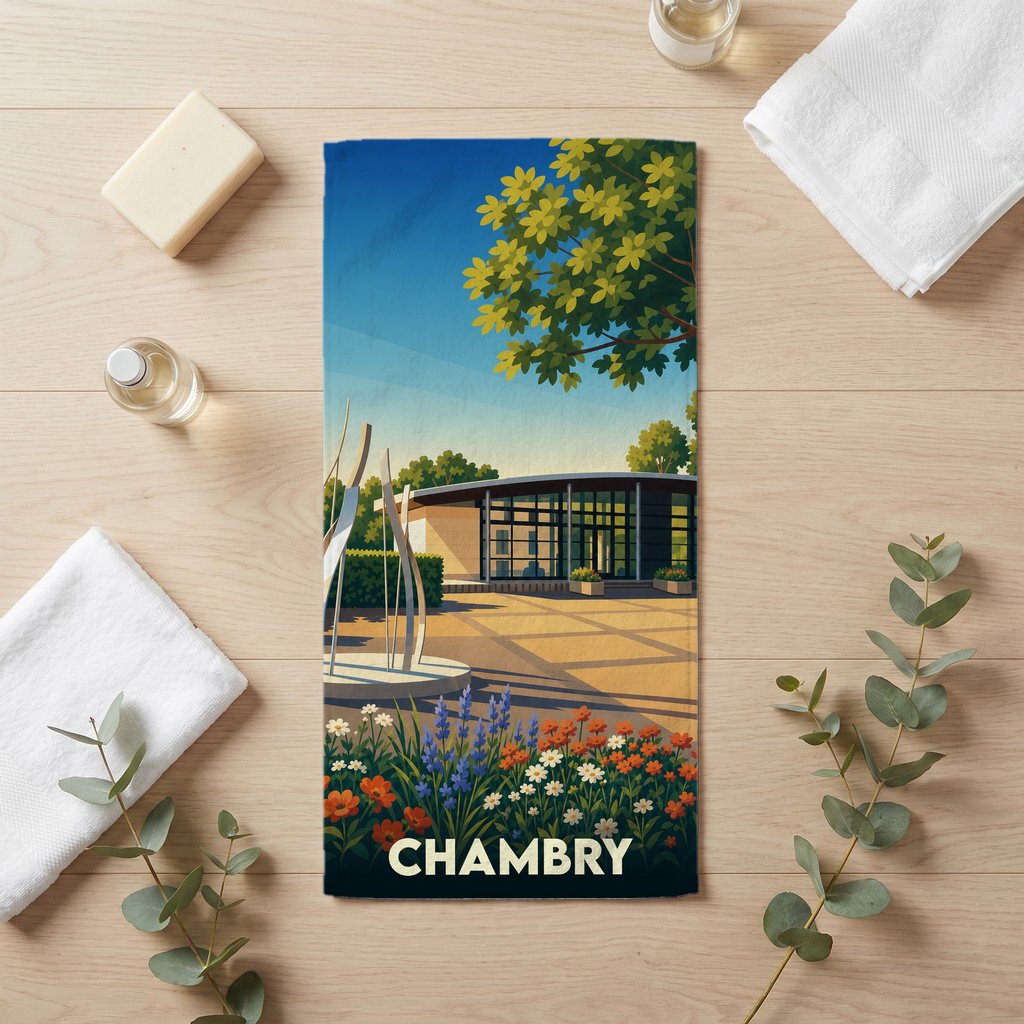 Serviette de bain souvenir de la ville de Chambry avec une illustration stylisée et colorée.