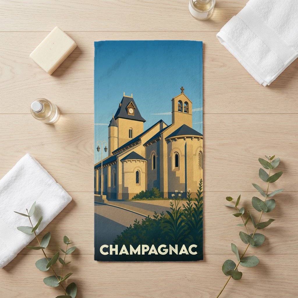 Serviette de bain souvenir de la ville de Champagnac avec une illustration stylisée de son église.