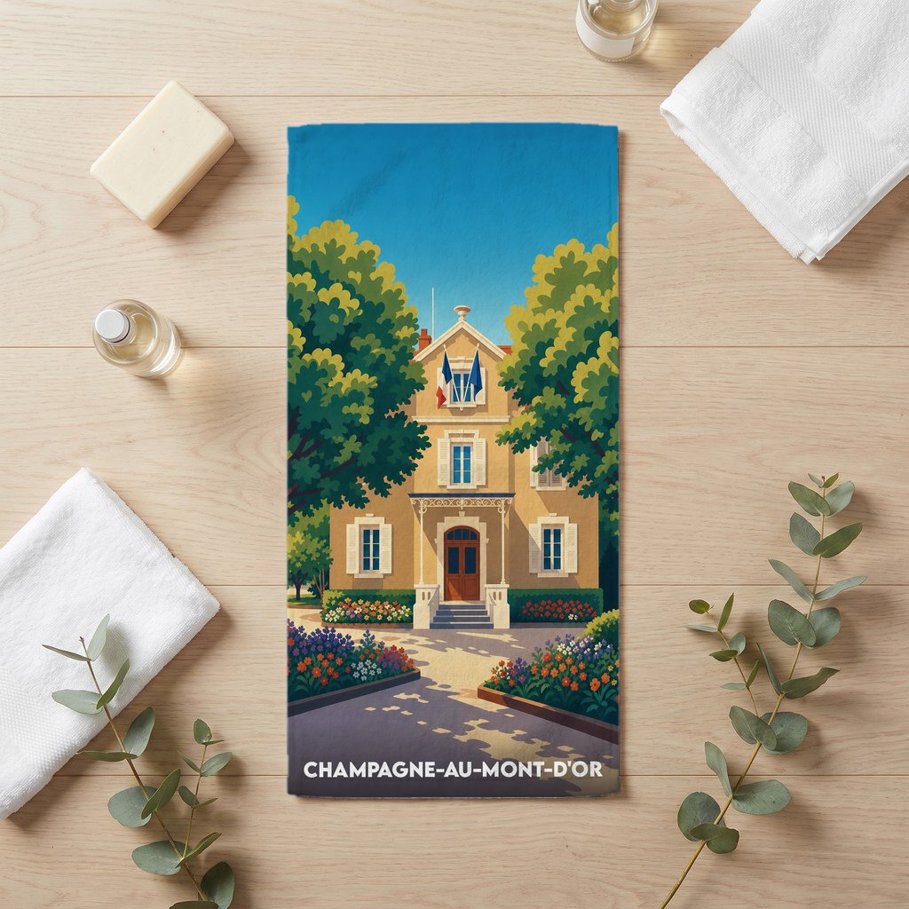 Serviette de bain souvenir de Champagne-au-Mont-d'Or illustrée d'une vue stylisée de la mairie.