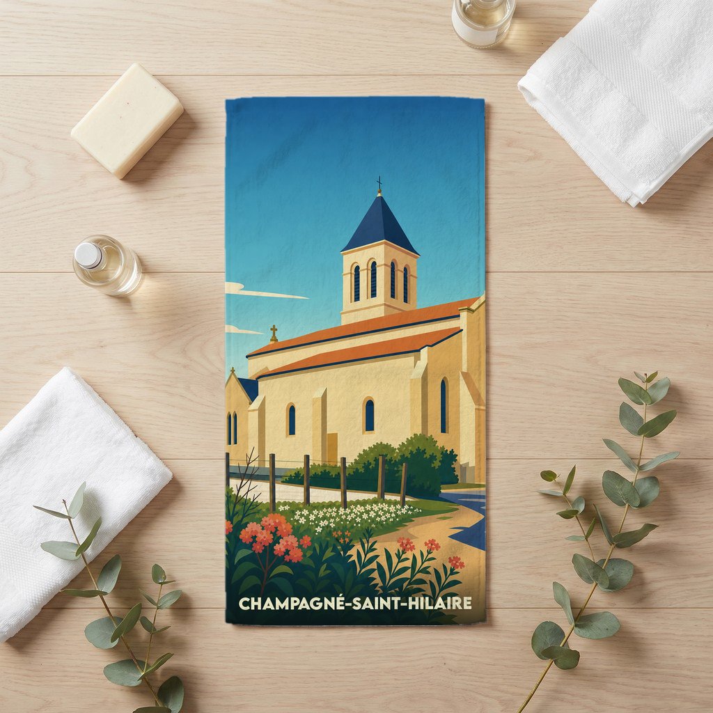 Serviette de bain souvenir de la ville de Champagné-Saint-Hilaire avec une illustration stylisée de son église.