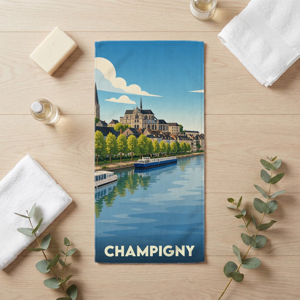 Serviette de bain souvenir de la ville de Champigny avec une illustration stylisée des bords de Marne.