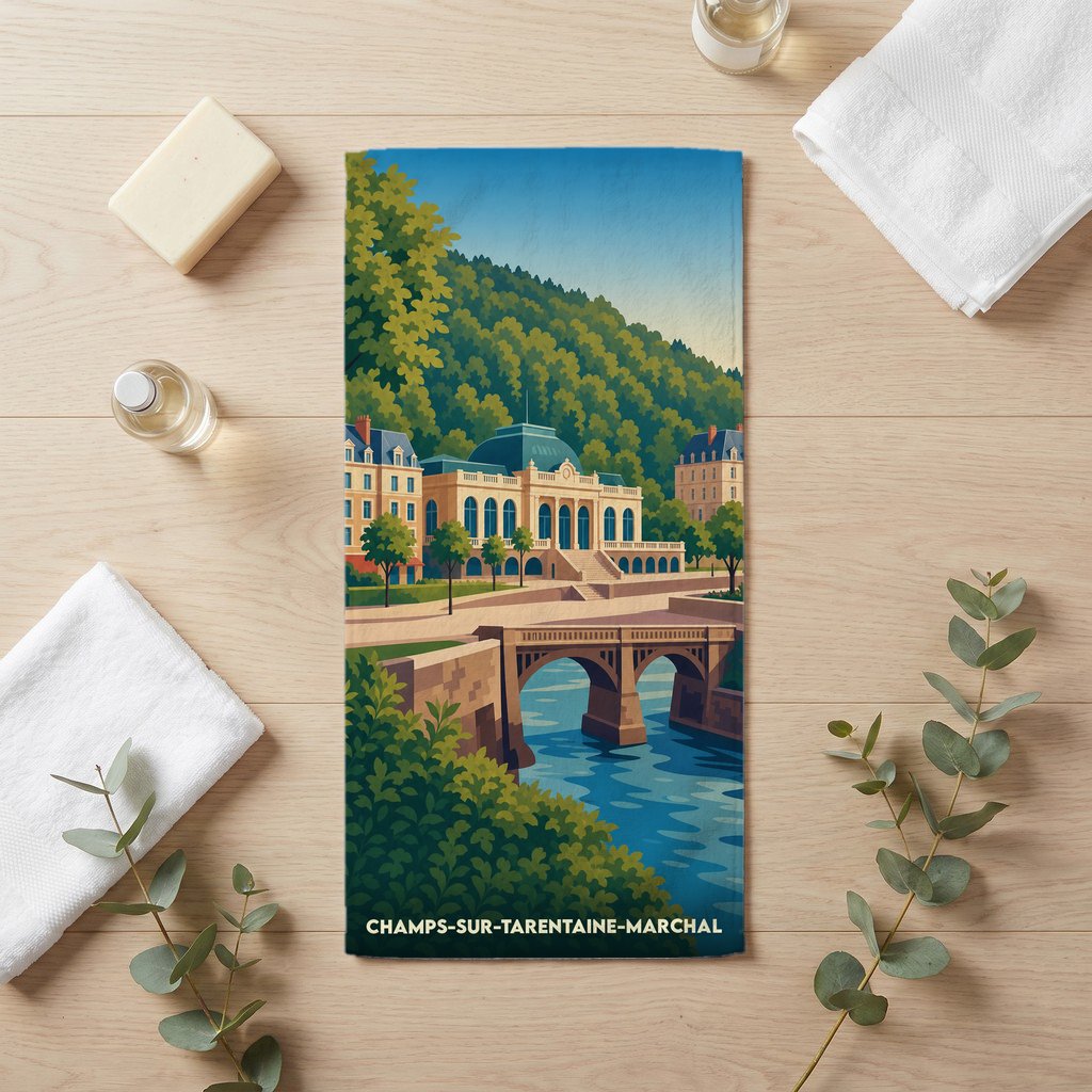 Serviette de bain souvenir de la ville de Champs-sur-Tarentaine-Marchal avec une illustration stylisée.