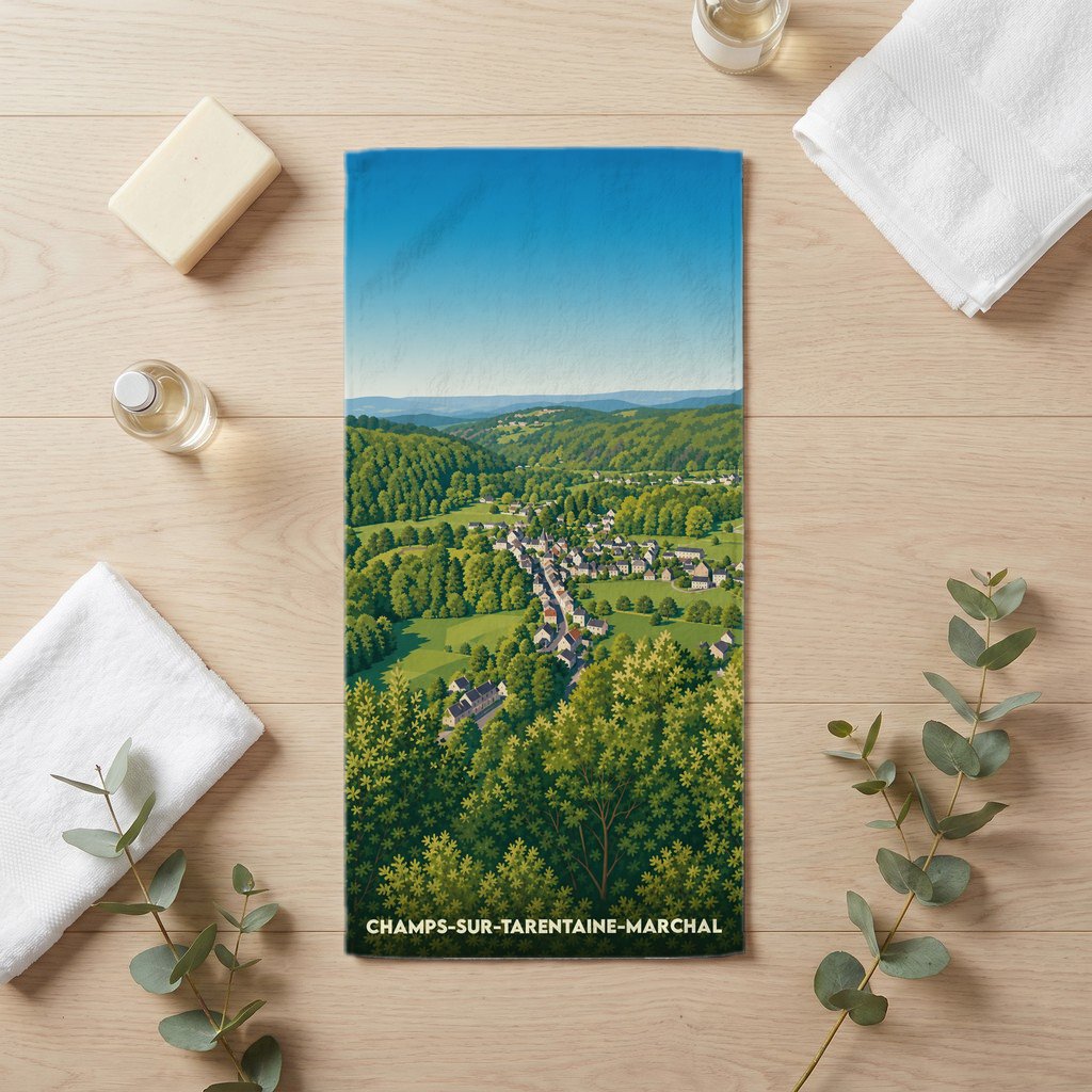 Serviette de bain souvenir de Champs-sur-Tarentaine-Marchal avec une illustration panoramique de la ville.