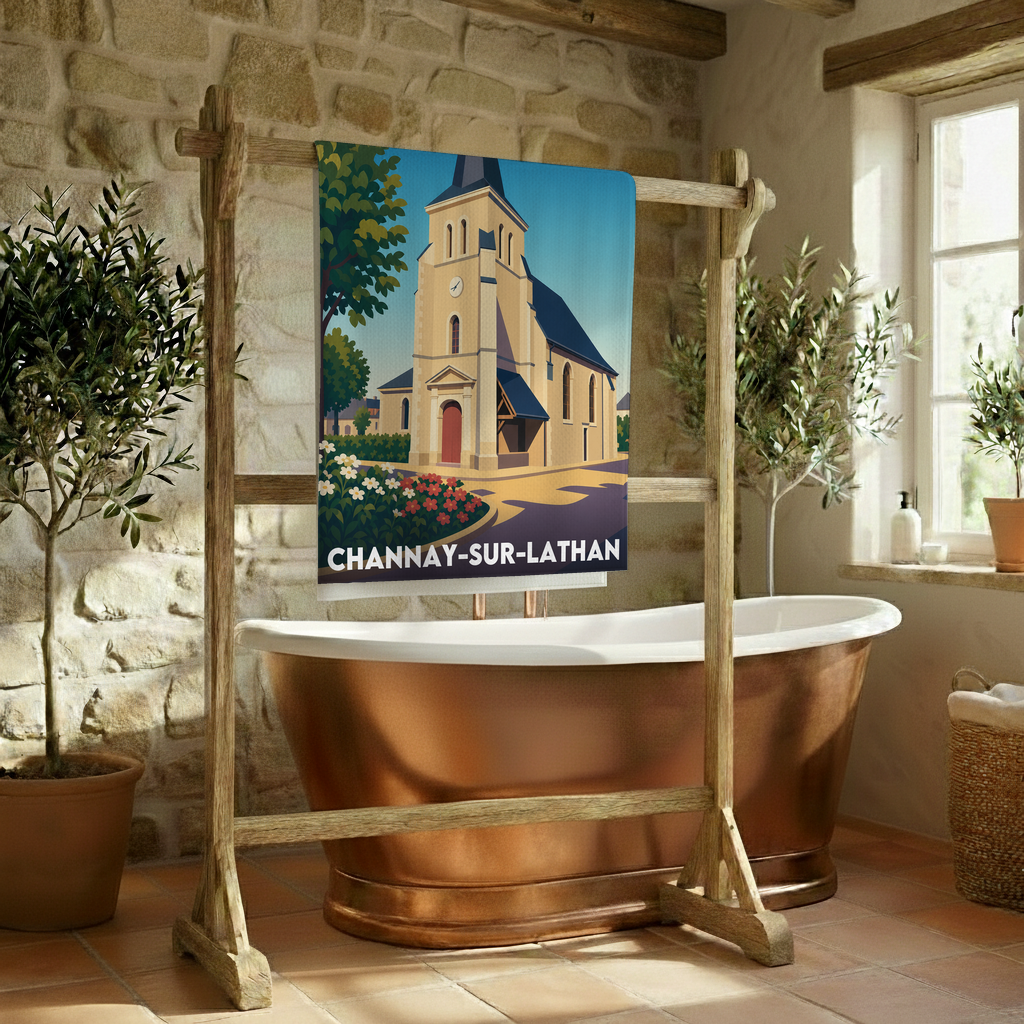 Serviette de bain souvenir de la ville de Channay-sur-Lathan avec une illustration stylisée.