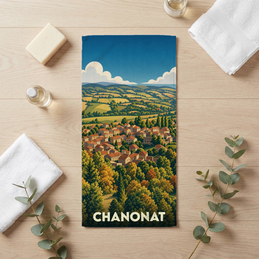 Serviette de bain souvenir de la ville de Chanonat avec une illustration de paysage champêtre.
