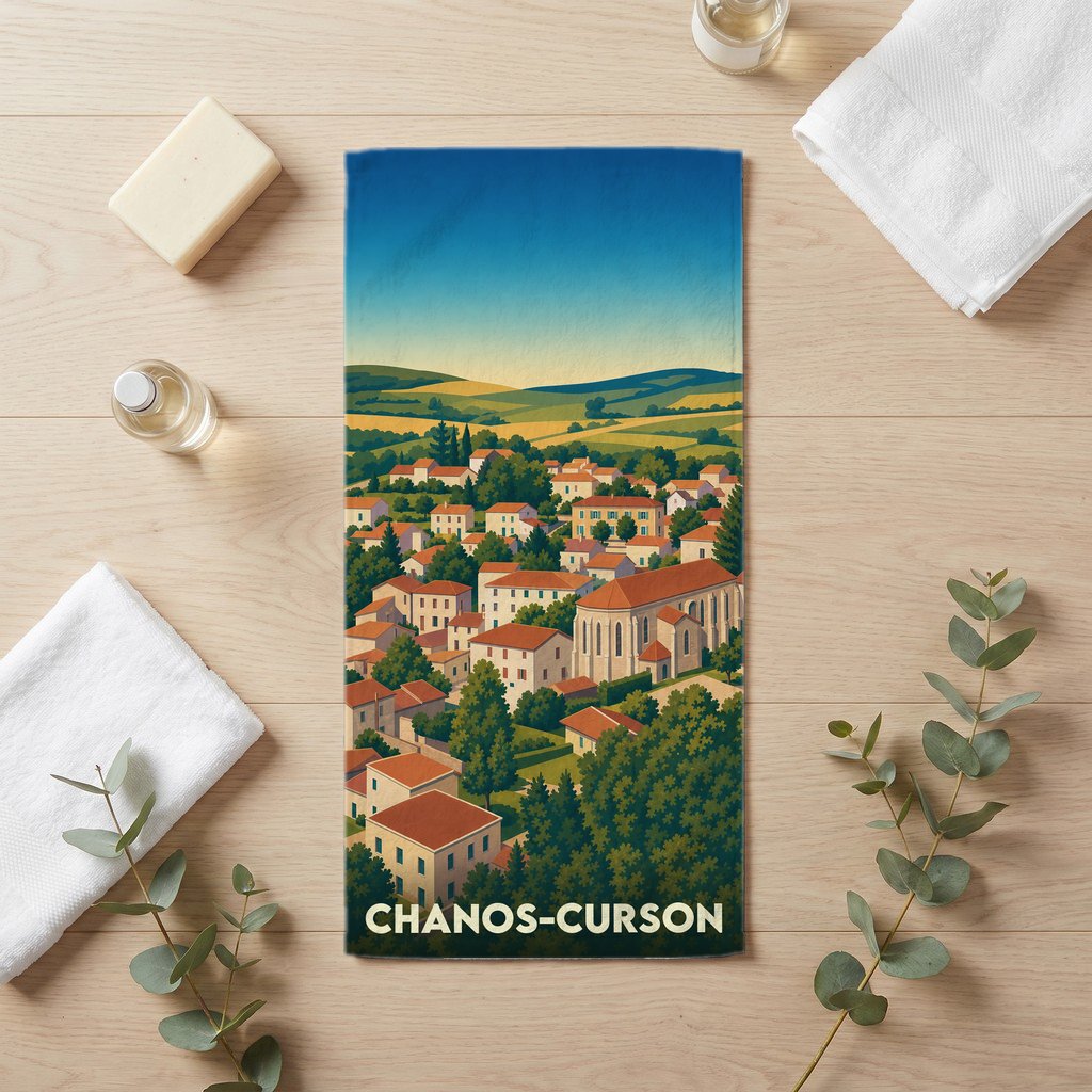 Serviette de bain souvenir de la ville de Chanos-Curson avec une illustration stylisée d'un village français.