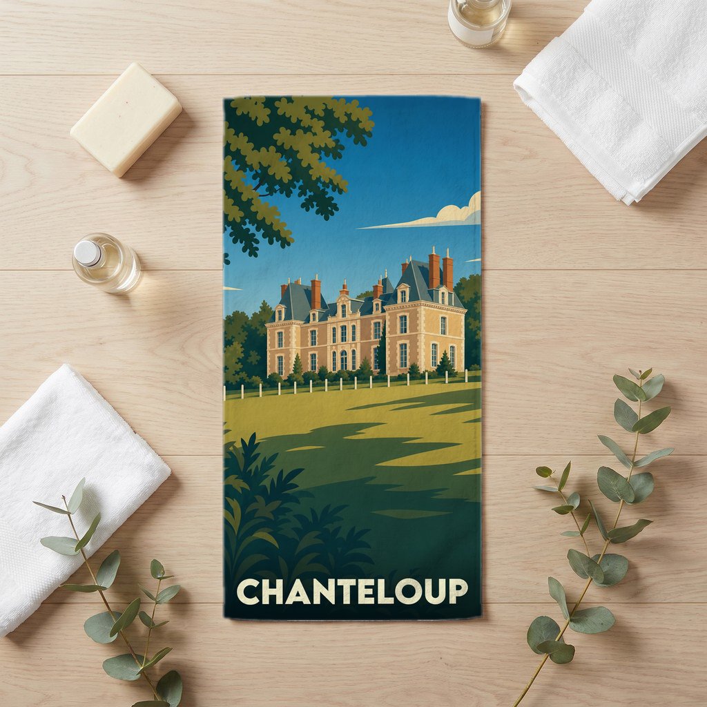 Serviette de bain souvenir de la ville de Chanteloup avec une illustration stylisée d'un château.