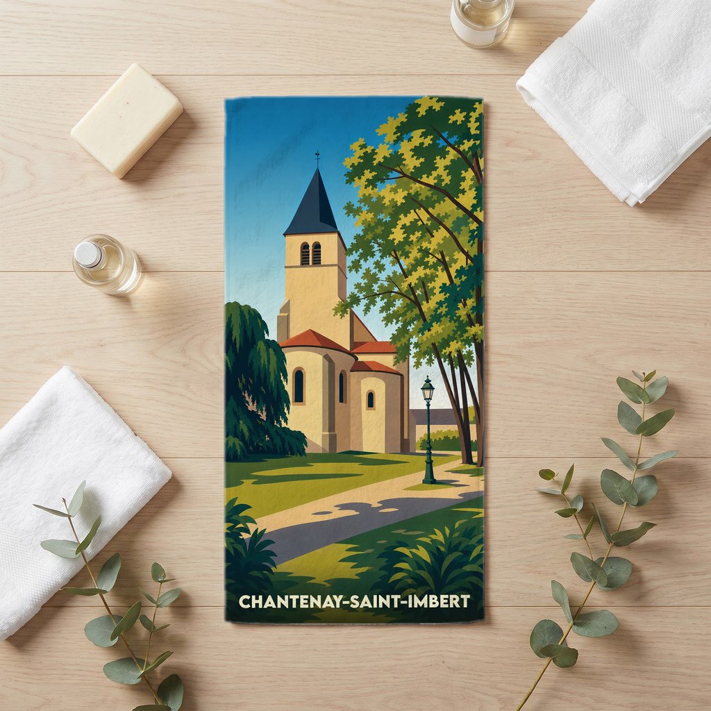 Serviette de bain souvenir de la ville de Chantenay-Saint-Imbert avec une illustration stylisée d'une église.