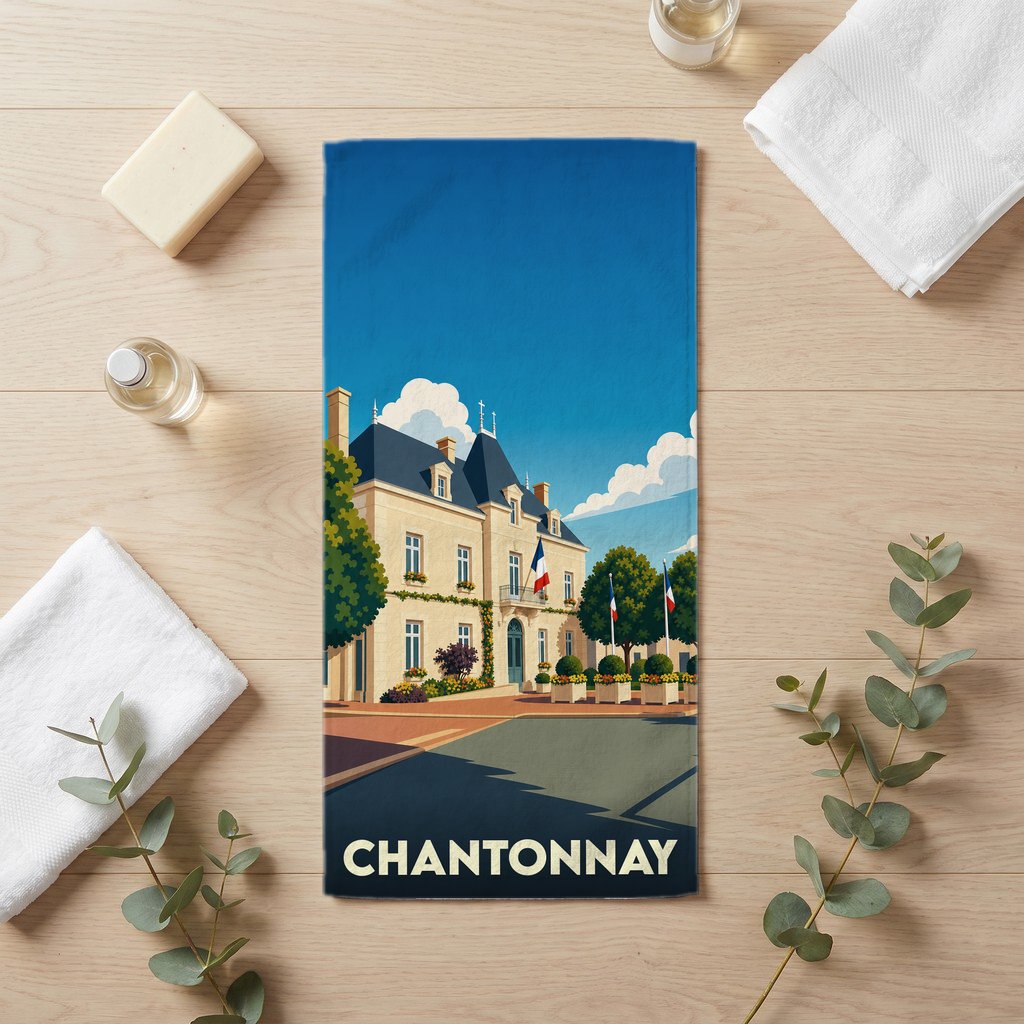 Serviette de bain souvenir de la ville de Chantonnay avec une illustration stylisée d'un bâtiment historique.
