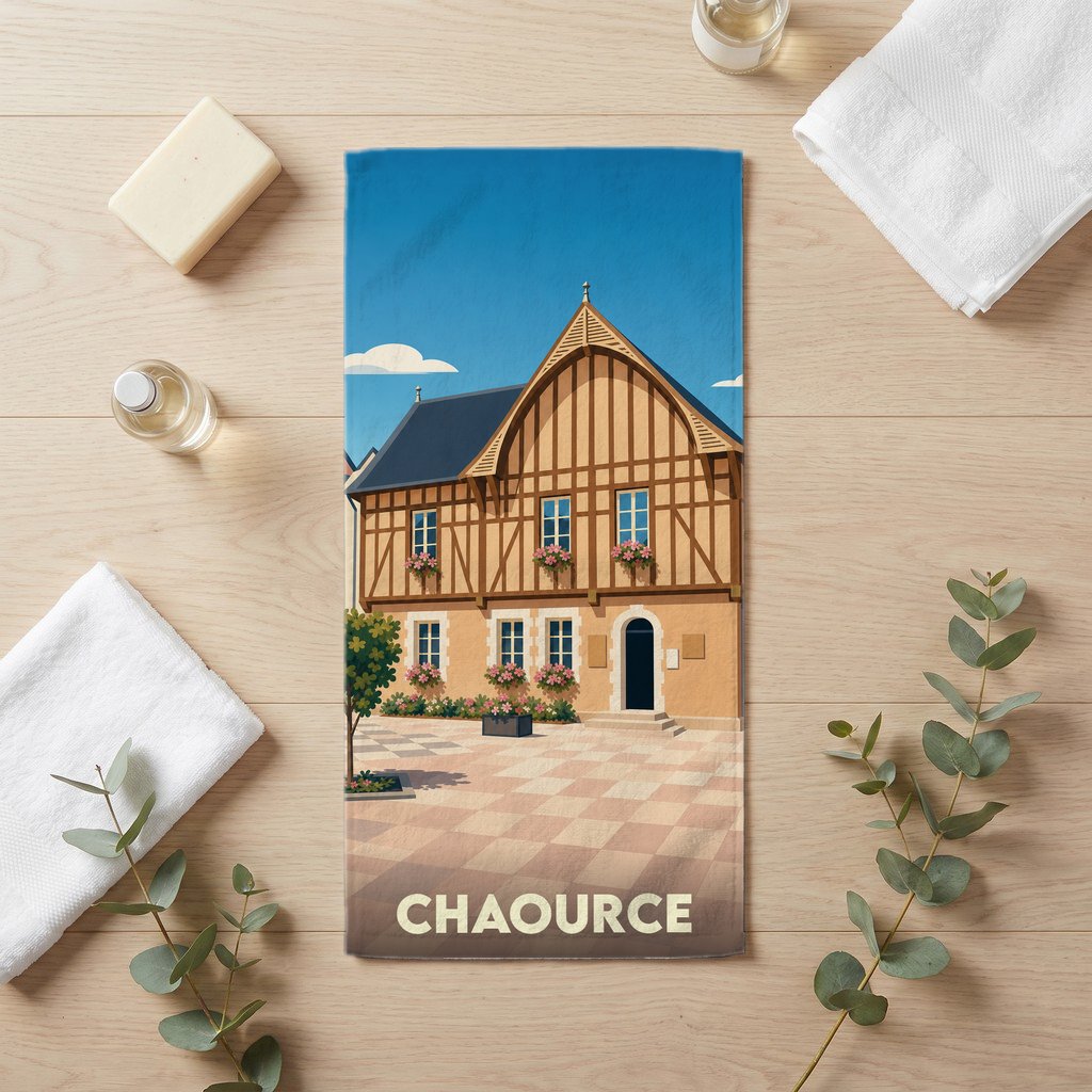Serviette de bain souvenir de la ville de Chaource avec une illustration stylisée d'une maison à colombages.