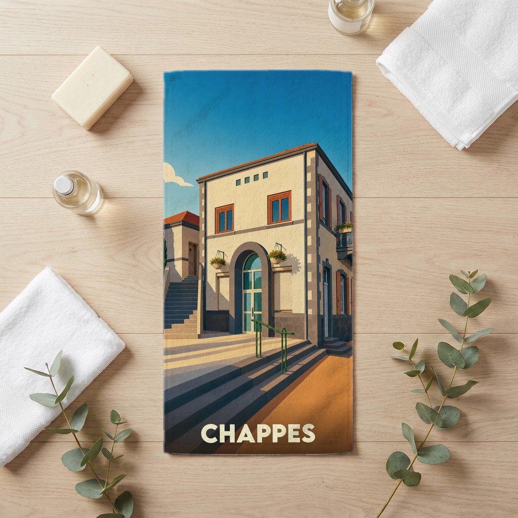Serviette de bain souvenir de la ville de Chappes avec une illustration stylisée d'un bâtiment typique.