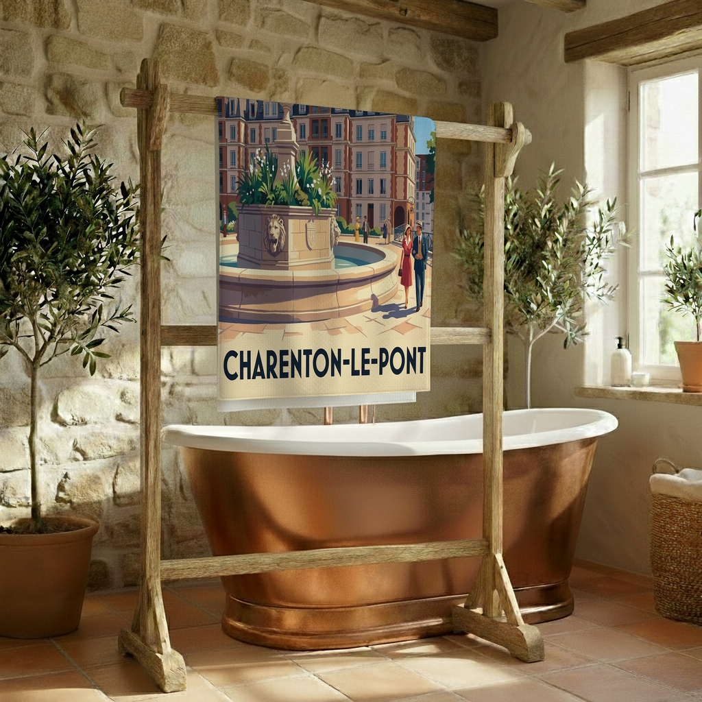 Serviette de bain souvenir de la ville de Charenton-le-Pont avec une illustration stylisée.