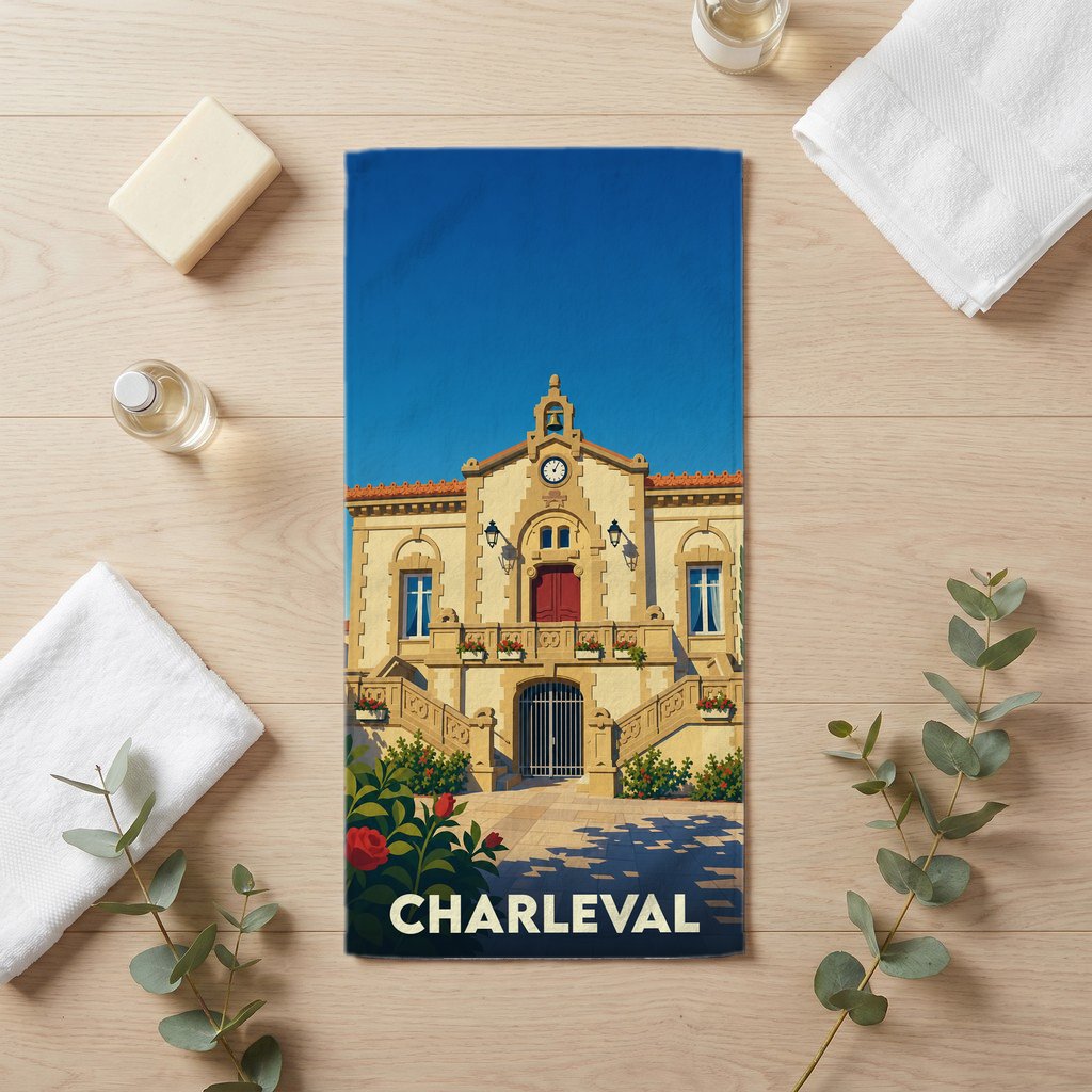 Serviette de bain souvenir de la ville de Charleval avec une illustration stylisée de l'hôtel de ville.