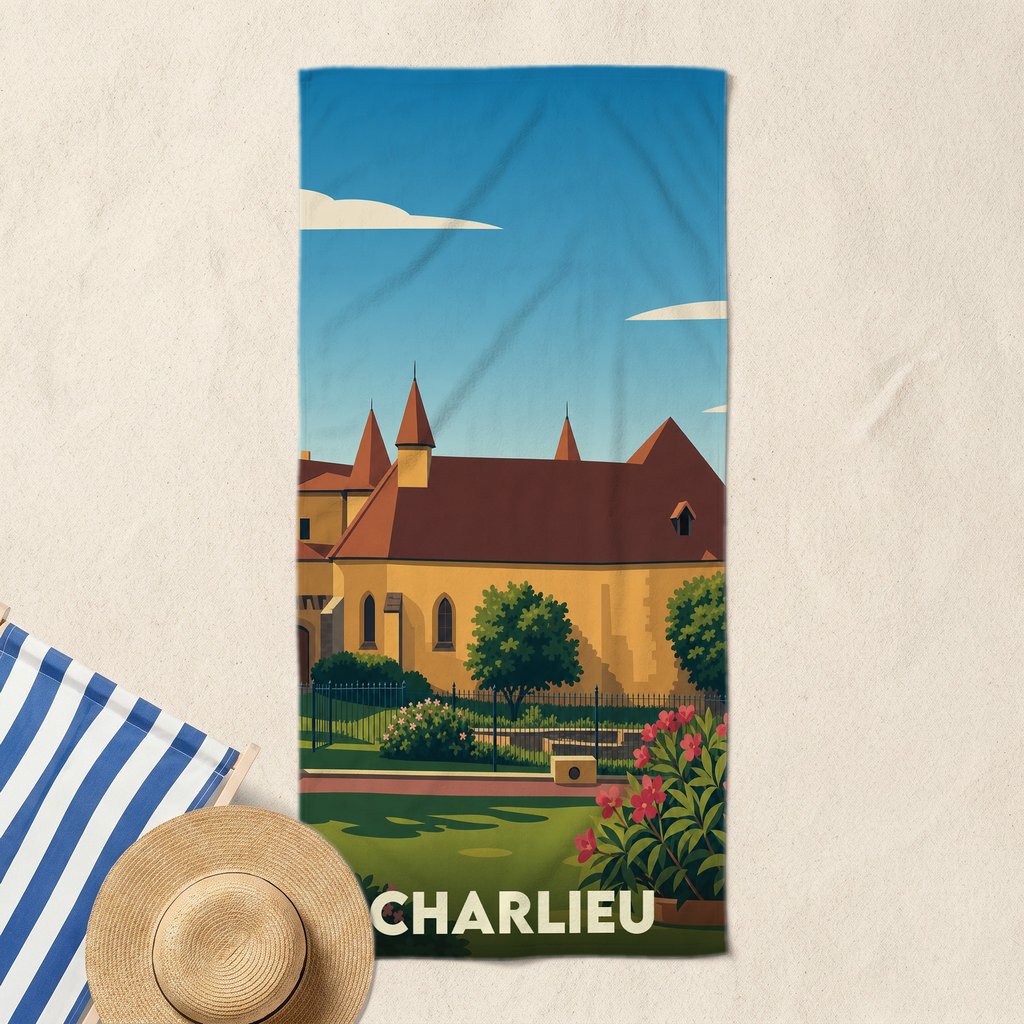 Serviette de bain souvenir de la ville de Charlieu avec une illustration stylisée de son patrimoine.